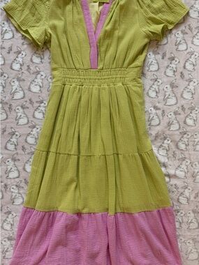 THML Lime Green and Pink Tiered Maxi Dress NWT